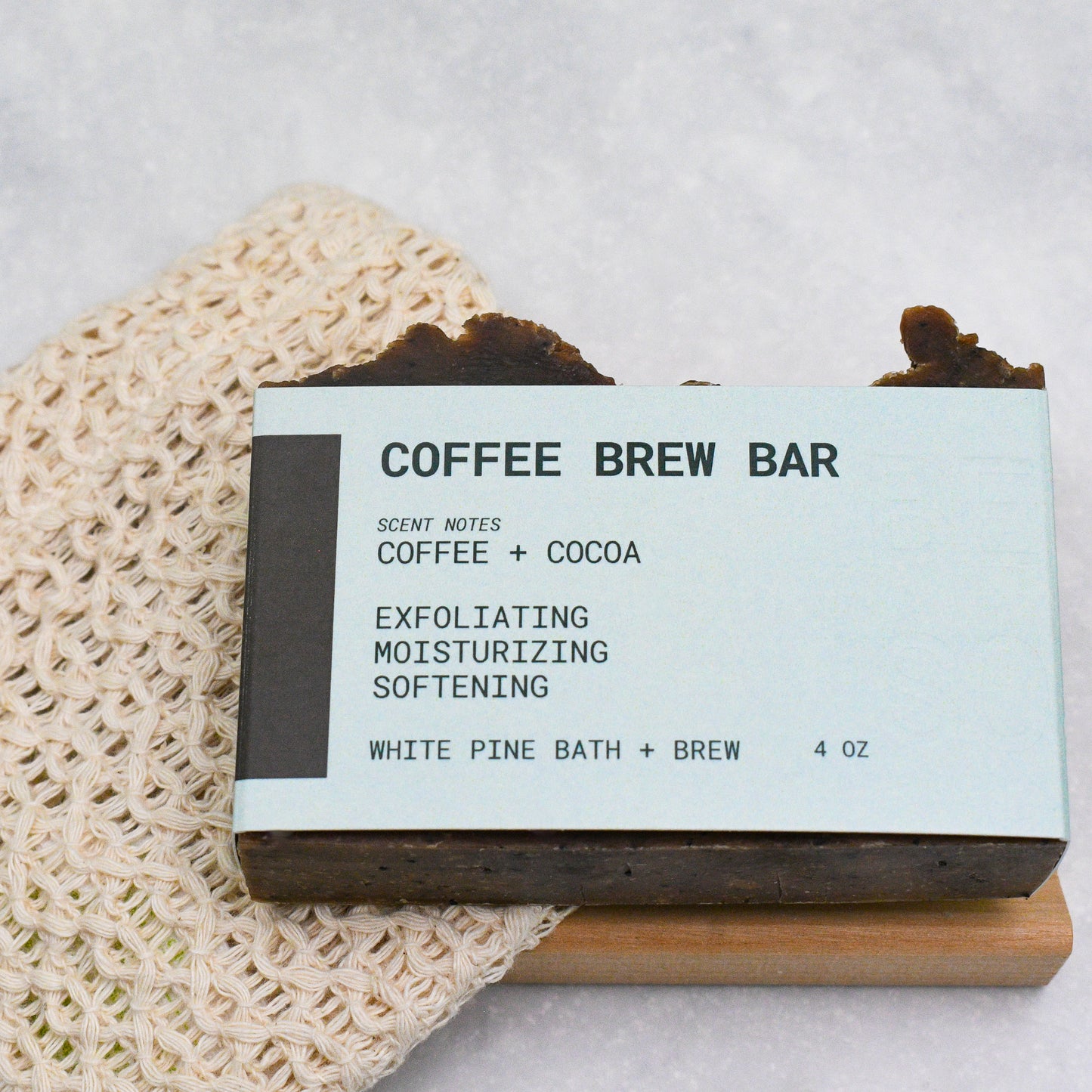 coffee brew bar, organic cotton soap saver bag, and wooden soap dish