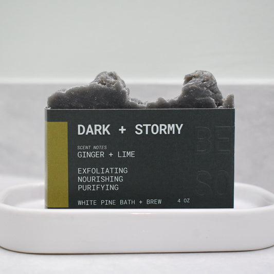 front view of a bar of dark and stormy beer soap