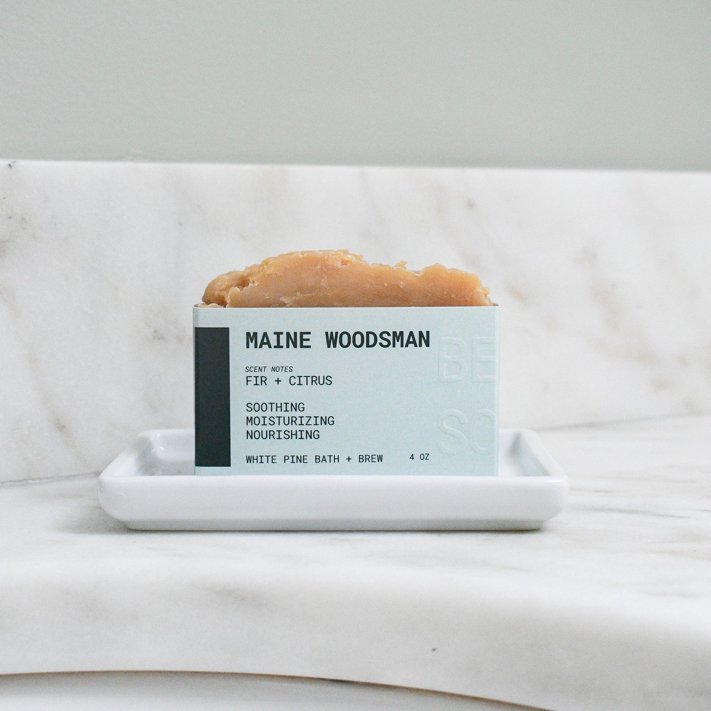 bar of maine woodsman beer soap scented with fir and citrus
