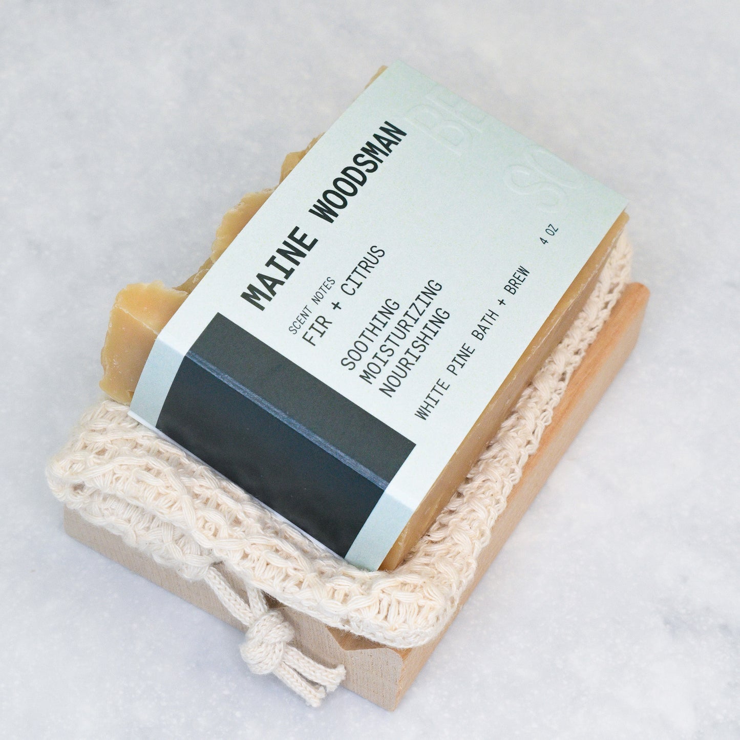 Maine woodsman beer soap, organic cotton soap saver bag, and wooden soap dish