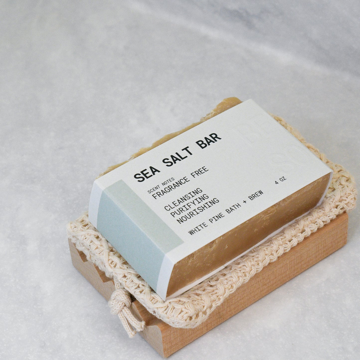 Sea Salt Bar Fragrance free beer soap set with bar soap, soap saver bag, and wooden soap dish