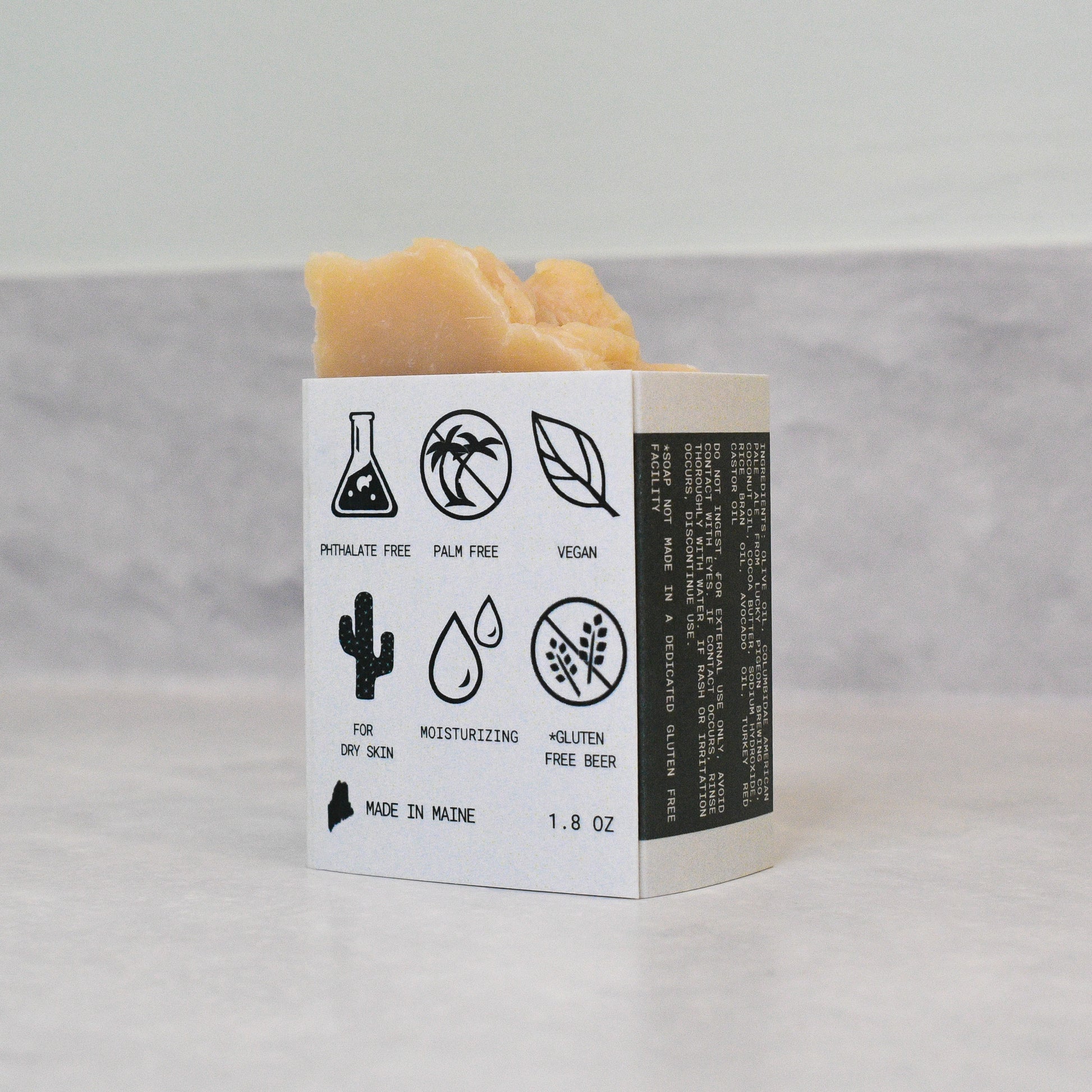 back label of cocoa butter bar beer soap (fragrance free)
