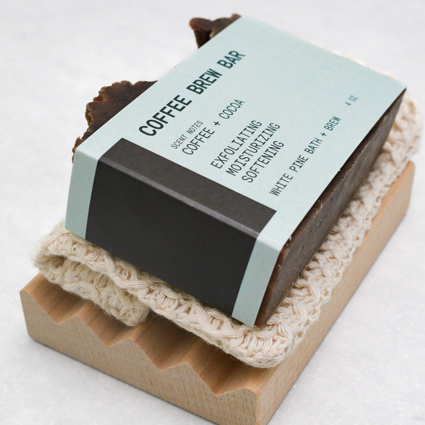 coffee beer soap, organic cotton soap saver bag, and wooden soap dish