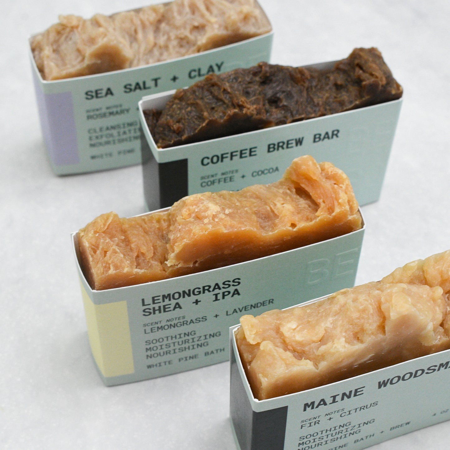 beer soap bundle of Lemongrass Shea + IPA, Coffee Brew Bar, Maine Woodsman, and Sea Salt + Clay