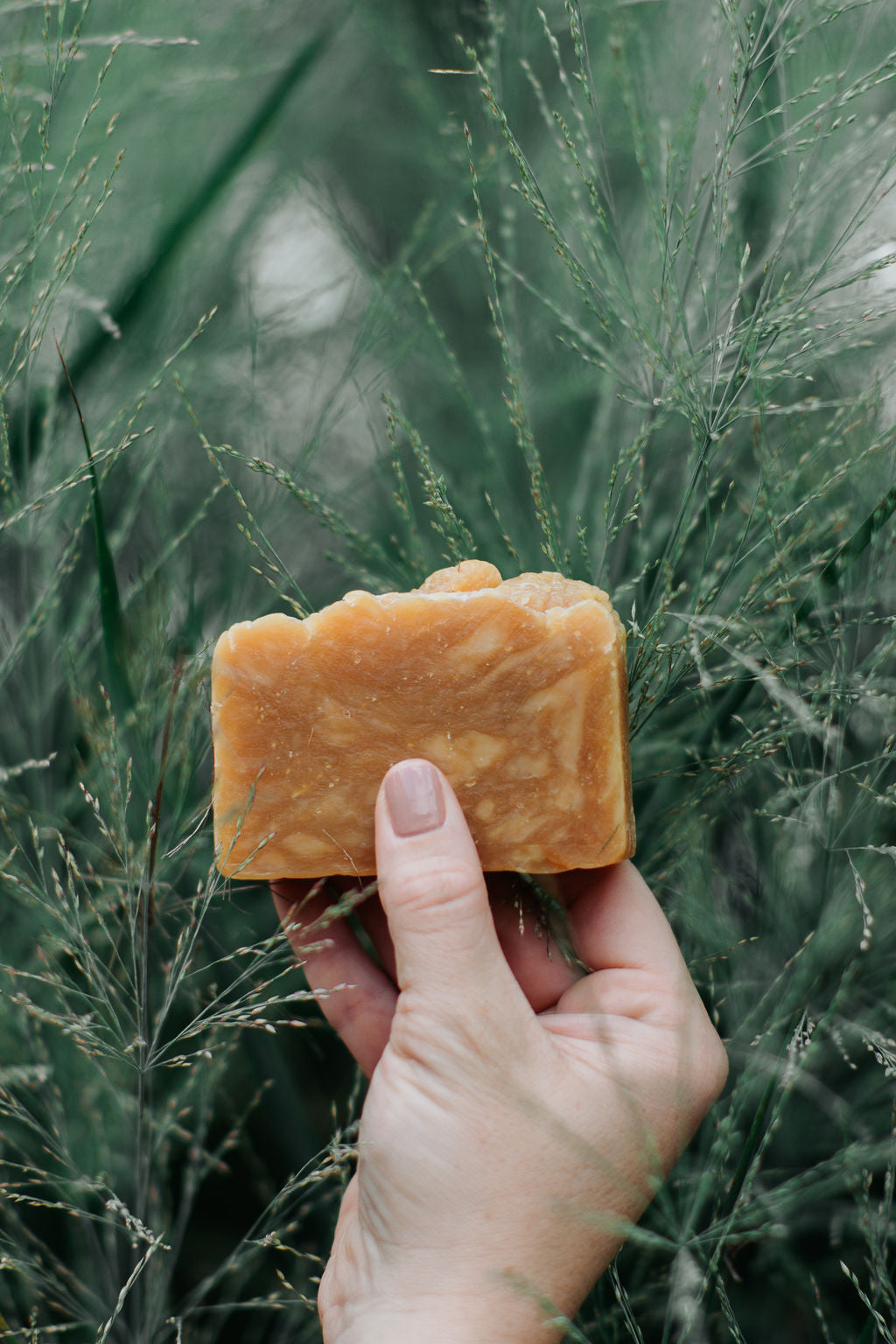 bare bar of lemongrass shea and ipa being held up by a hand in front of dark greenery