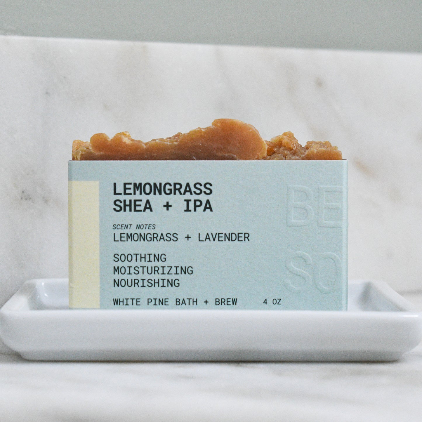 bar of lemongrass shea + IPA beer soap scented with lavender and lemongrass