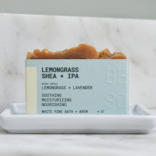 bar of lemongrass shea + IPA beer soap scented with lavender and lemongrass