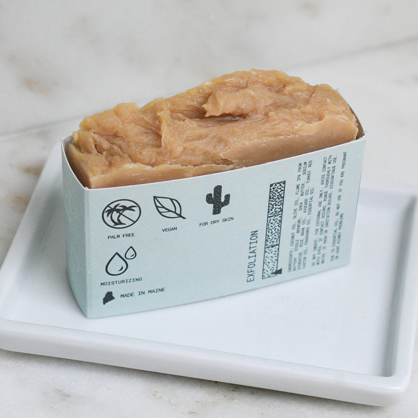 bar of maine woodsman beer soap labelled as palm free, vegan, for dry skin, moisturizing, and made in maine