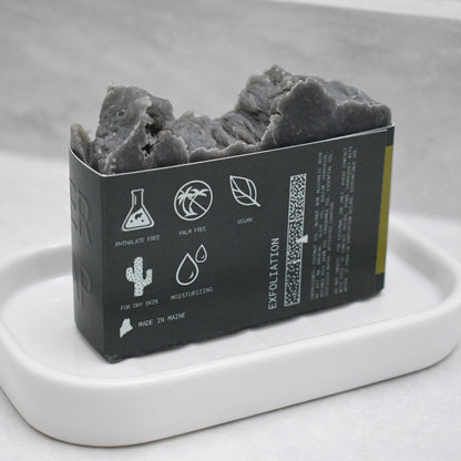 back of a bar of dark and stormy beer soap 