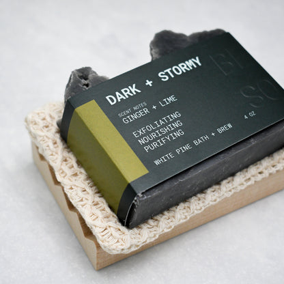 Dark + Stormy beer soap set including bar of soap, soap saver bag, and wooden soap dish