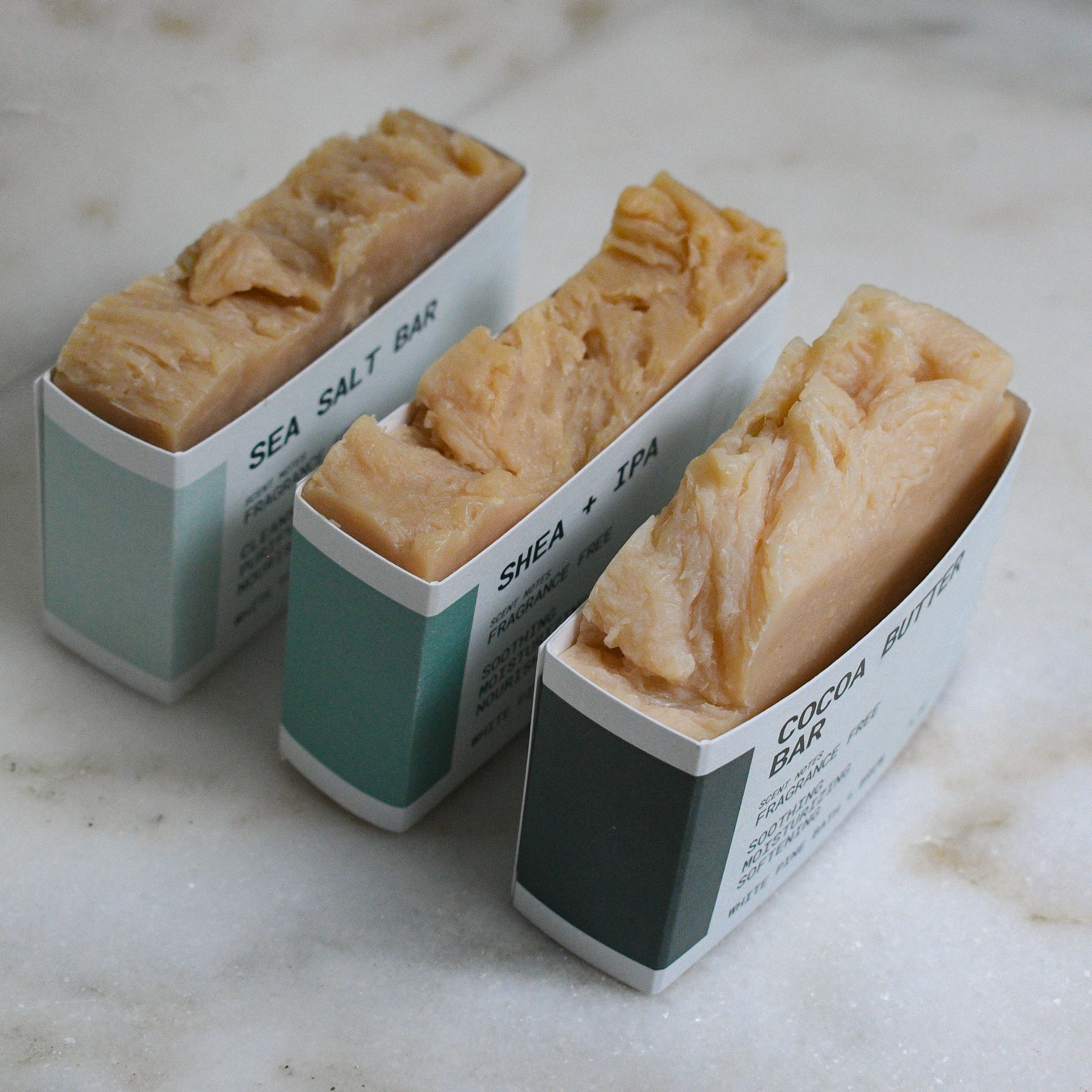 sea salt bar, shea + IPA, cocoa butter bar