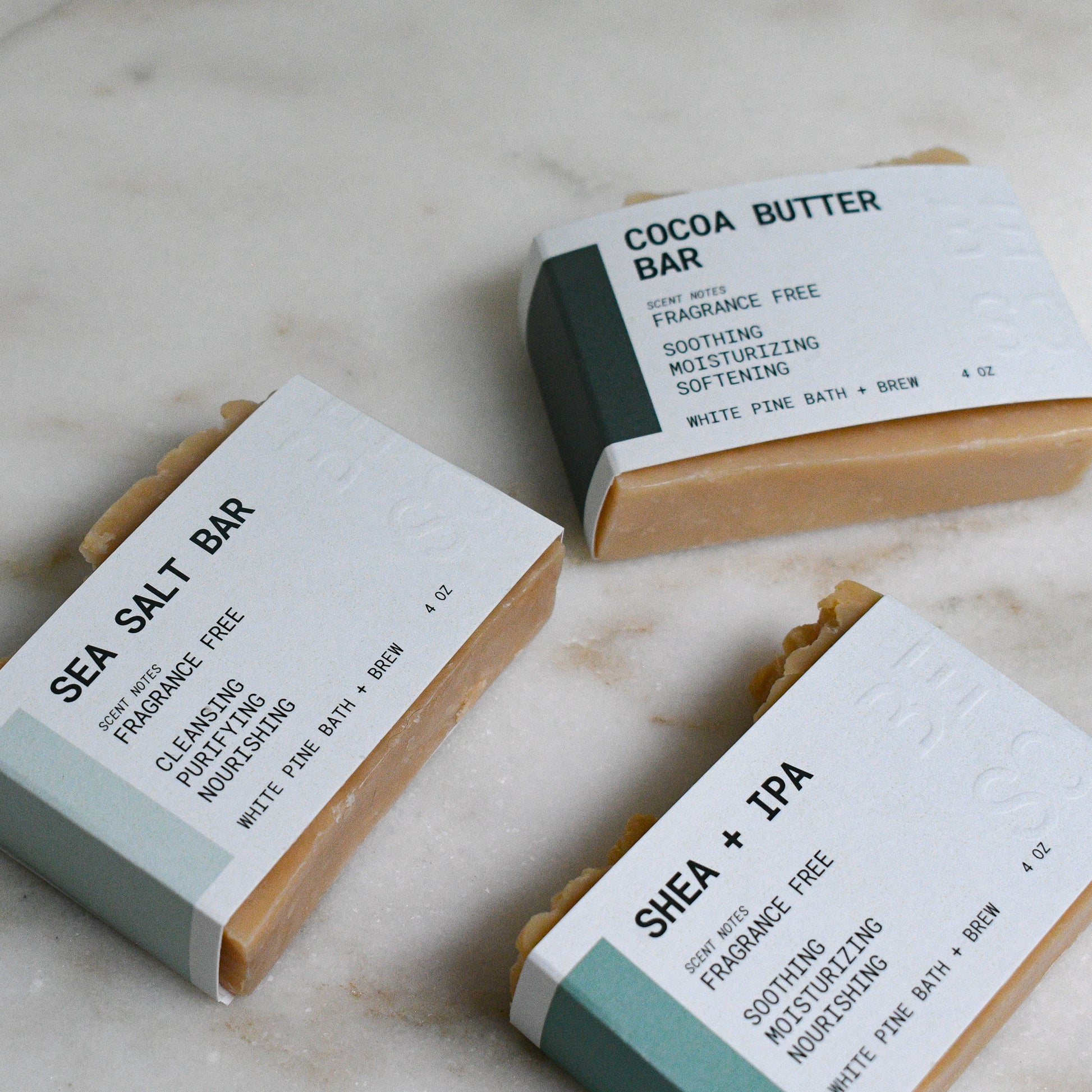 three fragrance free beer soap bars: cocoa butter bar, shea + IPA, sea salt bar