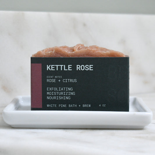 Kettle Rose beer soap on a ceramic soap dish