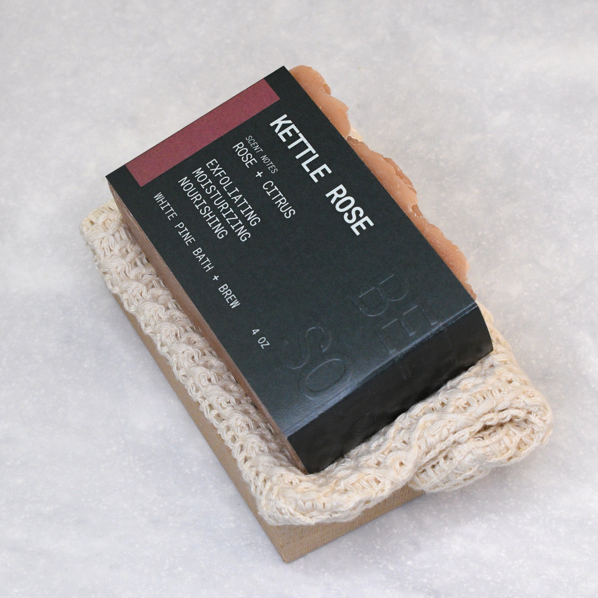 kettle rose beer soap, soap saver bag, and wooden soap dish