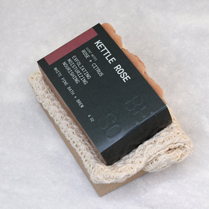 kettle rose beer soap, soap saver bag, and wooden soap dish