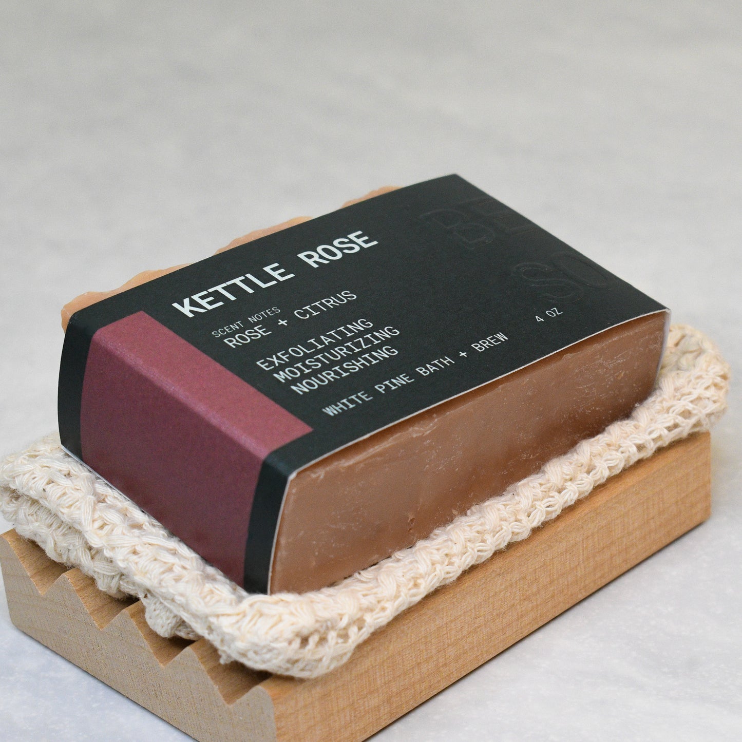 kettle rose beer soap, soap saver bag, and wooden soap dish