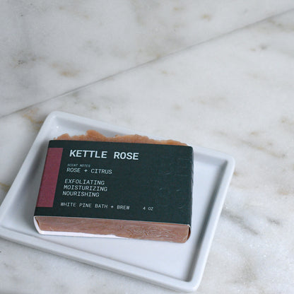 Kettle Rose beer soap on a ceramic soap dish