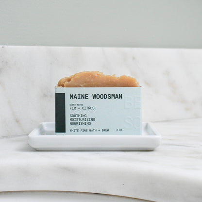 bar of maine woodsman beer soap scented with fir and citrus