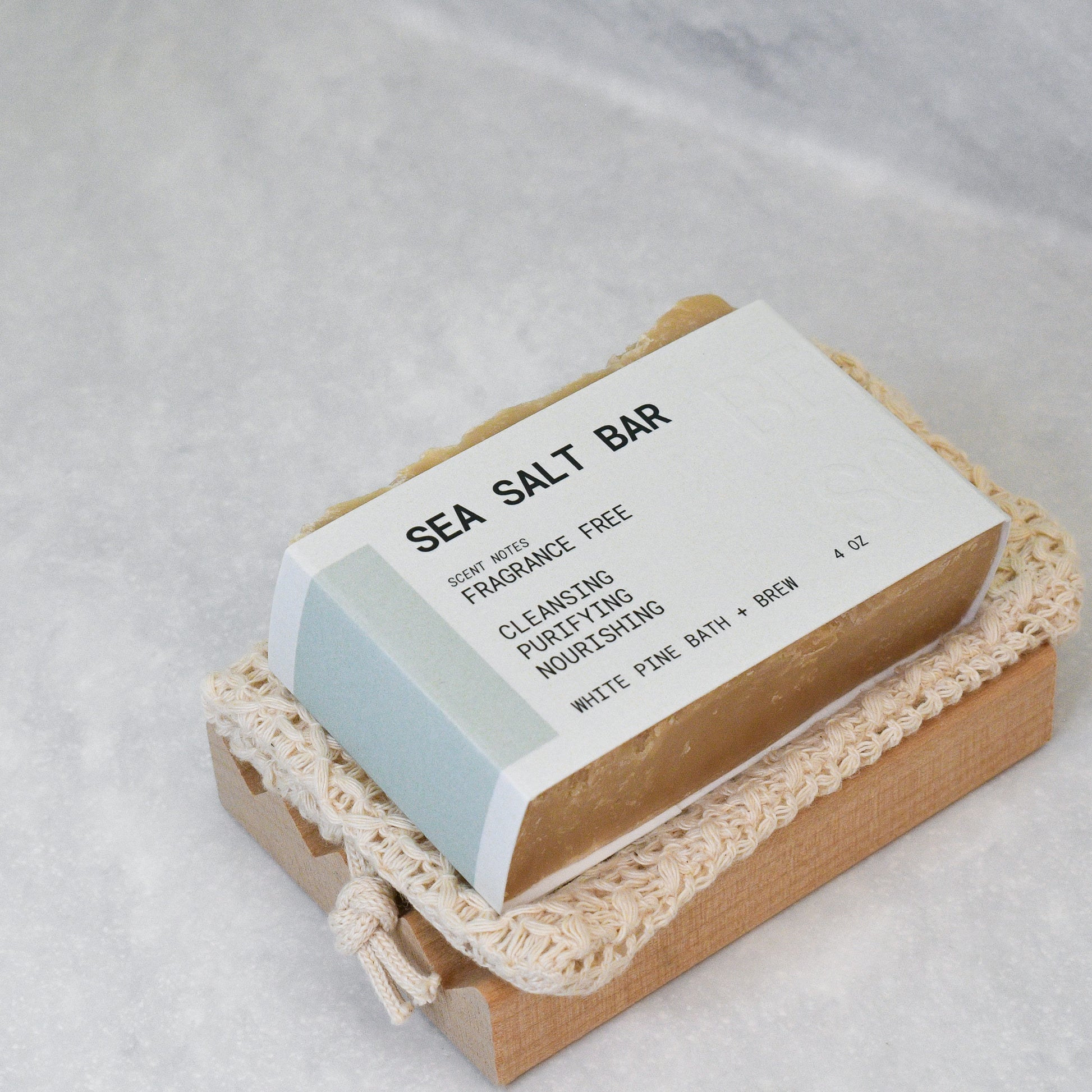 Sea Salt Bar Fragrance free beer soap set with bar soap, soap saver bag, and wooden soap dish