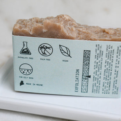 Sea Salt + Clay beer soap scented with rosemary and lavender, stating it is cleansing, exfoliating, and nourishing