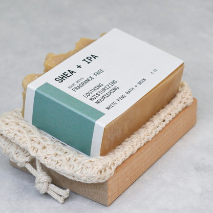 Shea + IPA FF beer soap set with bar soap, soap saver bag, and wooden soap dish