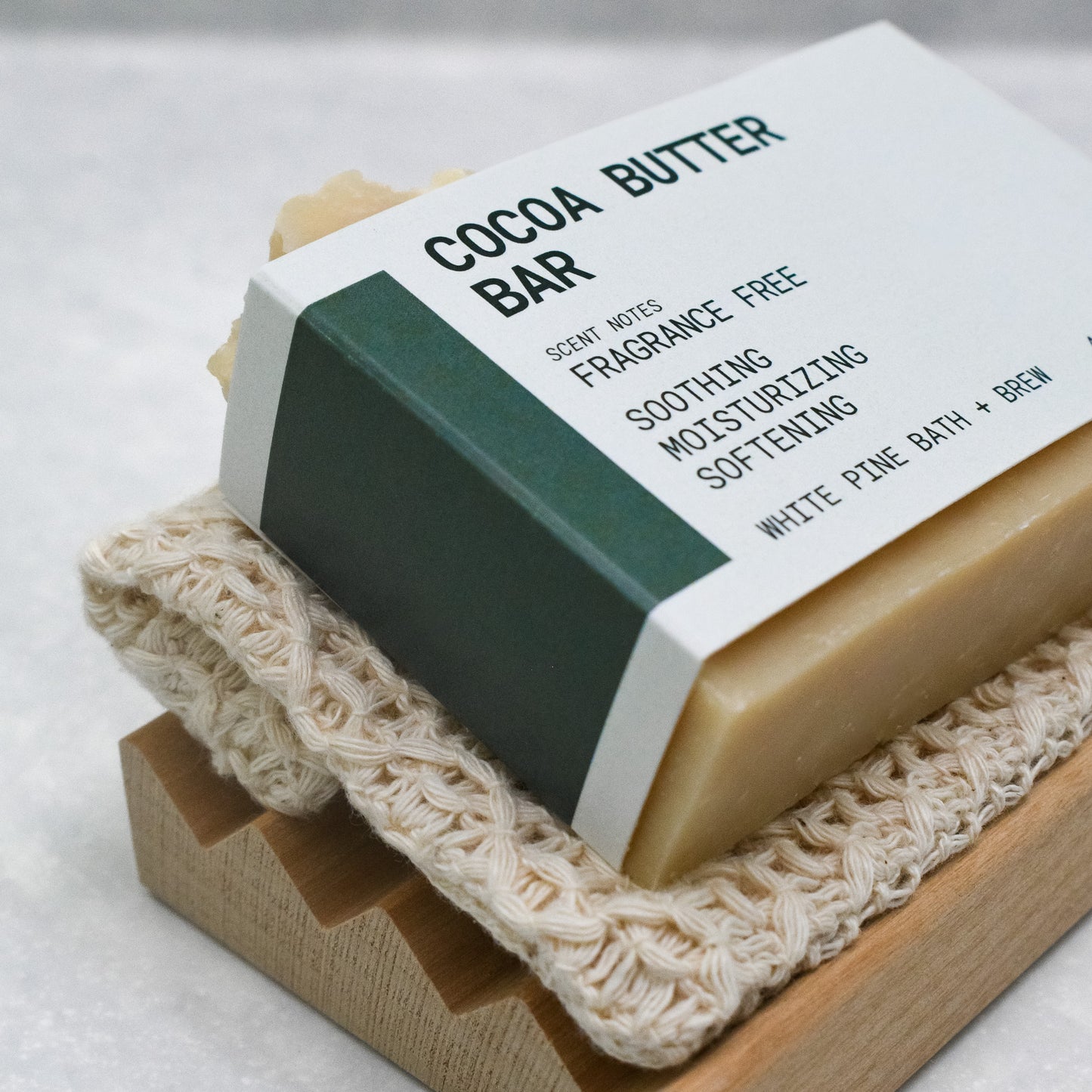 cocoa butter bar ff set, organic cotton soap saver bag, and wooden soap dish