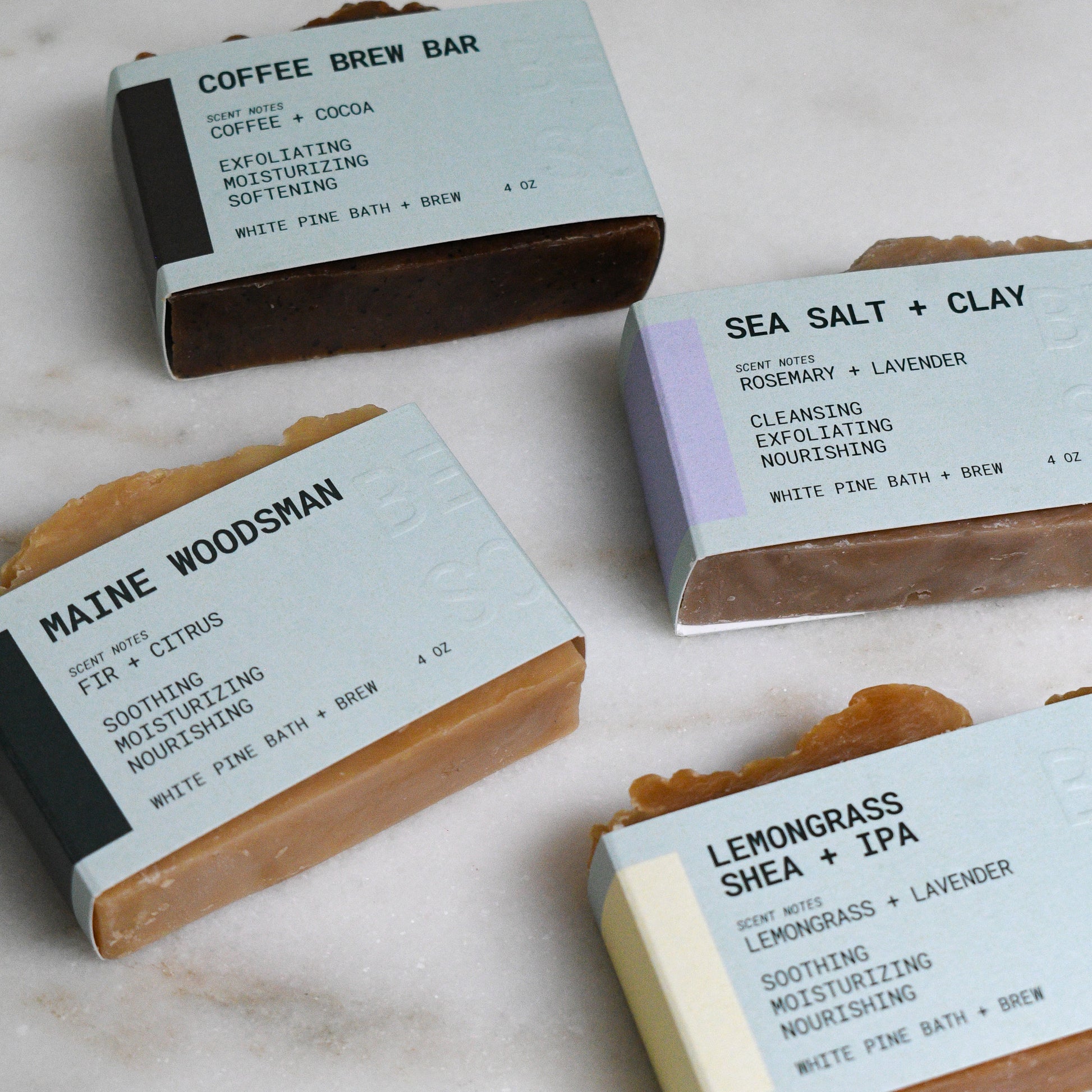 Maine woodsman, lemongrass shea + IPA, Sea Salt + Clay, and Coffee Brew Bar beer soap bundle