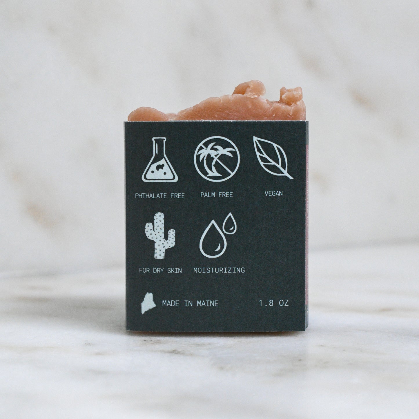 mini bar of kettle rose beer soap with a label stating it is phthalate free, palm free, vegan, for dry skin, moisturizing, and made in maine