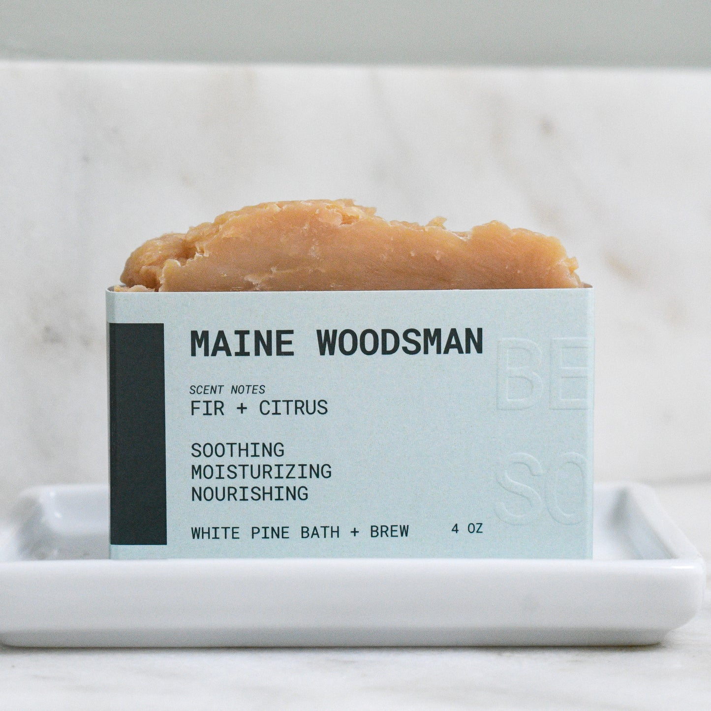 bar of maine woodsman beer soap scented with fir and citrus