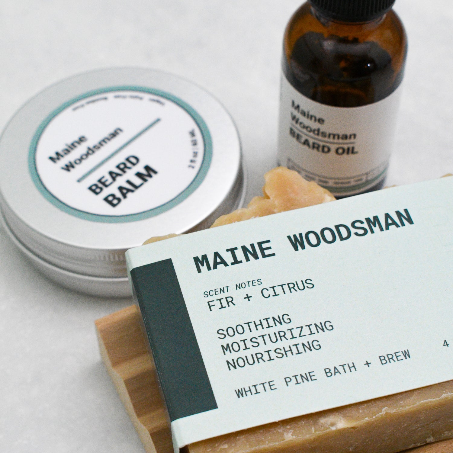 maine woodsman beer soap, wooden soap dish, maine woodsman beard balm and beard oil